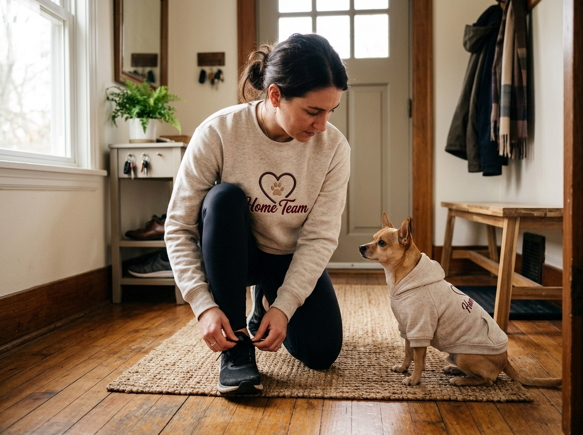 matching dog and owner hoodies — in-use lifestyle photo