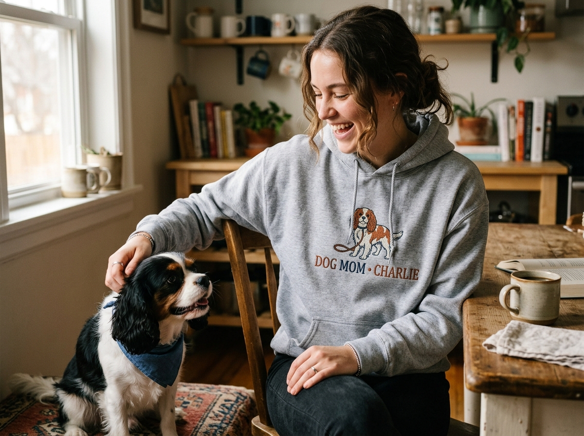 matching dog and owner hoodies — lifestyle photo