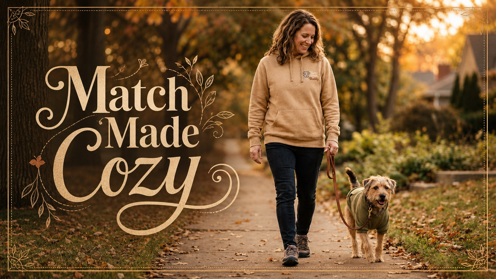 matching dog and owner hoodies — lifestyle scene