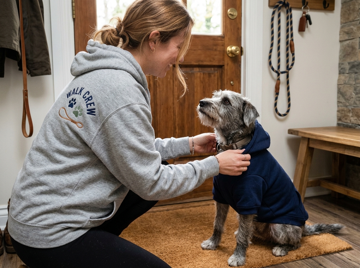 dog and person matching hoodies — in-use lifestyle photo