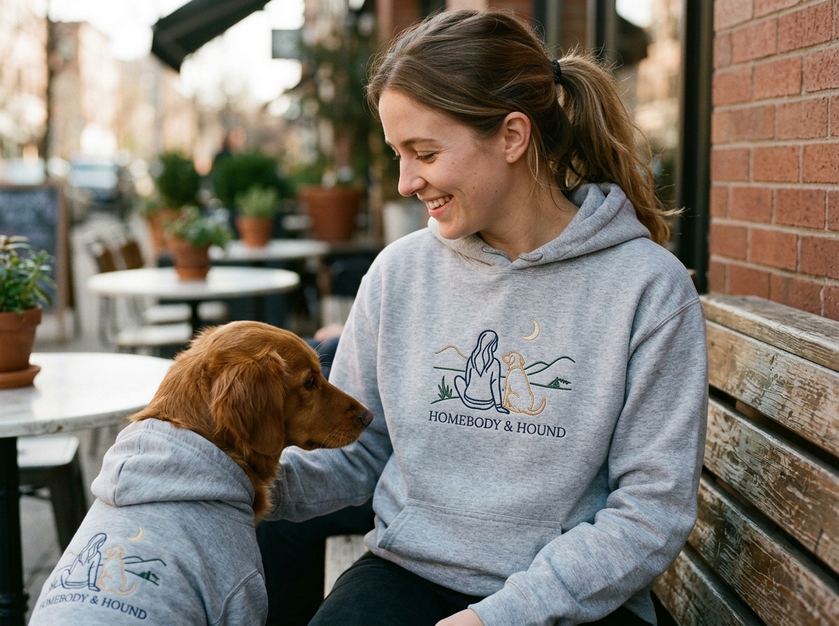 dog and person matching hoodies — lifestyle photo
